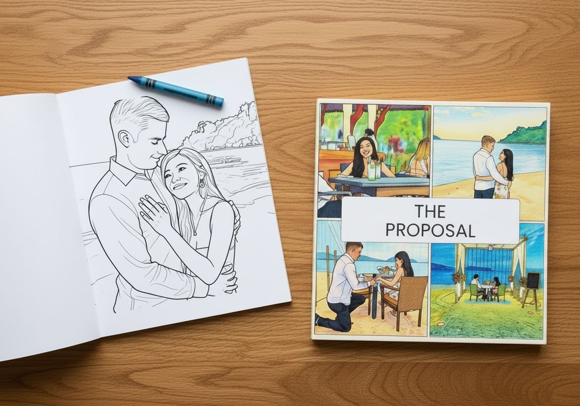 Example of custom colouring books and personalised coloring books showing transformed photos into beautiful colouring pages
